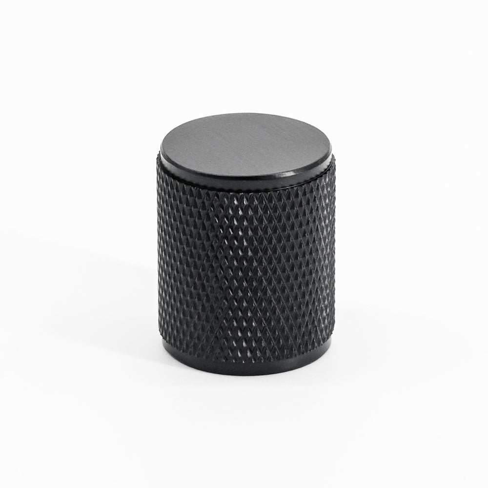 Matte black knurled kitchen cabinet knob. Potter and Clay