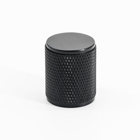 Matte black knurled kitchen cabinet knob. Potter and Clay