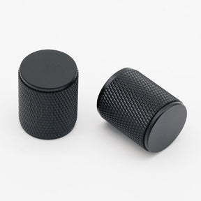 Matte black knurled kitchen cabinet knobs. Potter and Clay