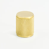 Brushed brass knurled kitchen cabinet knob. Potter and Clay