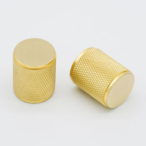 Brushed brass knurled kitchen cabinet knob. Potter and Clay